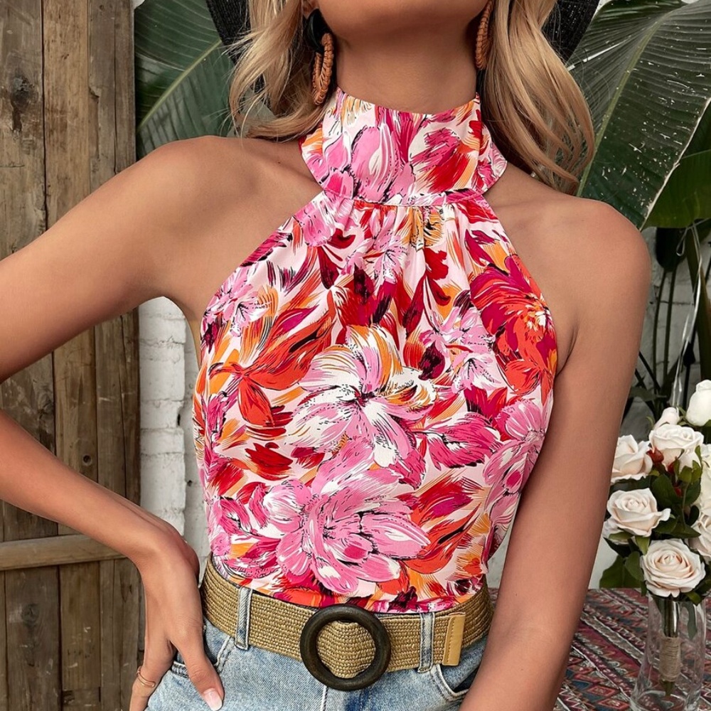Boho Pink Floral Print Tropical Halter Tank Top
